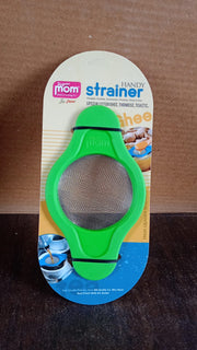 Full angled view of stainless steel mesh strainer with dual handles