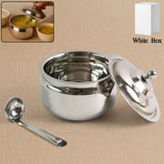 Stainless Steel Ghee Pot with lid and spoon on a white background.