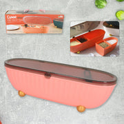 Clear 4-compartment spice box with spoons and lid for kitchen use.