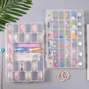Transparent plastic organizer box with 36 compartments, ideal for beads.