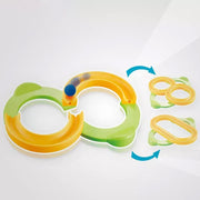 Close-up of the durable, non-toxic ABS pieces of the marble run toy set.