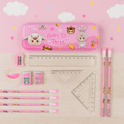Cute cartoon stationery gift set featuring pencils, erasers, and sharpener for kids