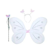 Little girl posing with her multi-color fairy butterfly wings and a sparkling wand.