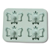 Ice cubes in fun cartoon shapes being easily released from the silicone tray.