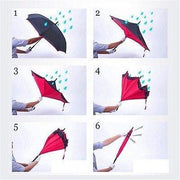 Six panels show a person's gloved hands demonstrating the reverse closing action of a red and black umbrella.