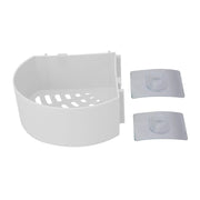 Compact plastic corner rack holding toiletries and spices.