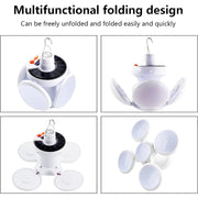 Four square images display the white solar camping light in various folded and unfolded positions, showcasing its versatile