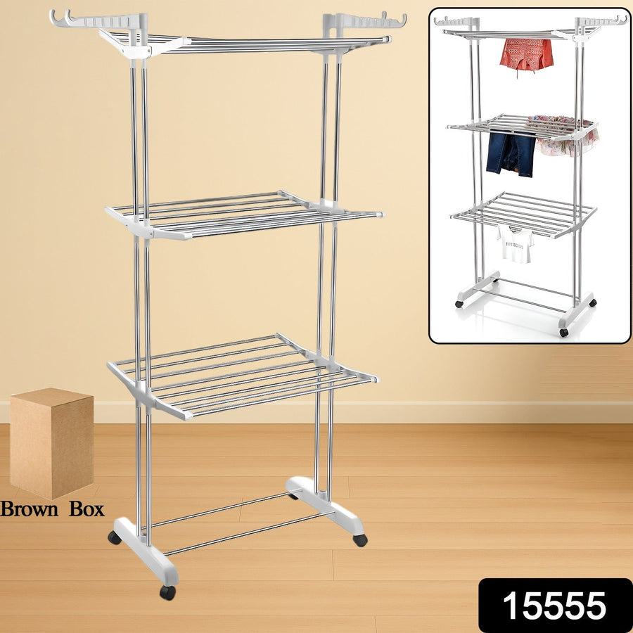 Cloth Drying Stand – 3-Tier Foldable Stainless Steel with Wheels