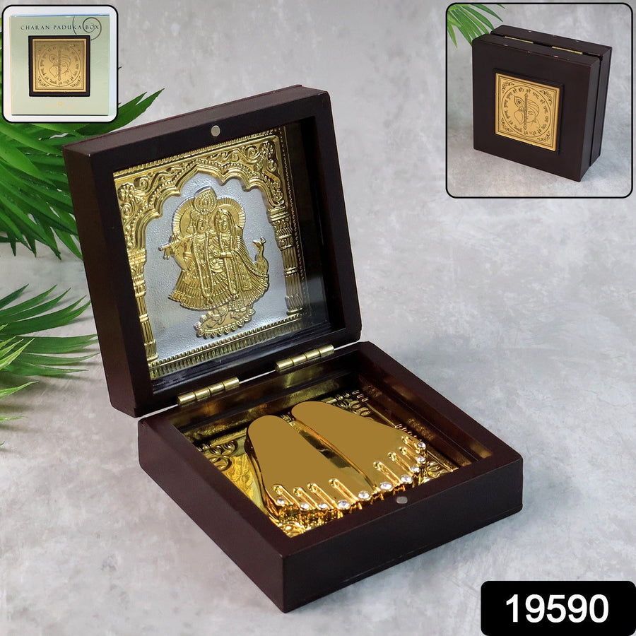 Charan Paduka Gold Finish in Wooden Box – Elegant Pooja Gift