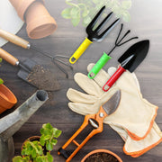 Close-up of the durable garden tool set in bright colors, ready for use.
