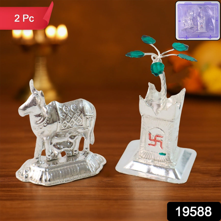 Kamdhenu Cow & Tulsi Plant Silver-Plated Pair – Divine Pooja Décor