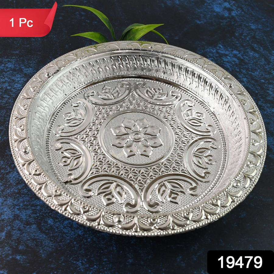 Silver Finish Plastic Pooja Thali – Lightweight & Durable