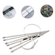 Close-up of a bundle of 100 BoltForce Stainless Steel Cable Ties, showcasing their metallic finish.