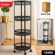 Freestanding black 4-tier round mesh storage rack with smooth swivel wheels