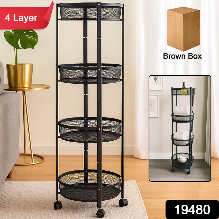 4-Layer Round Metal Mesh Storage Trolley with Wheels