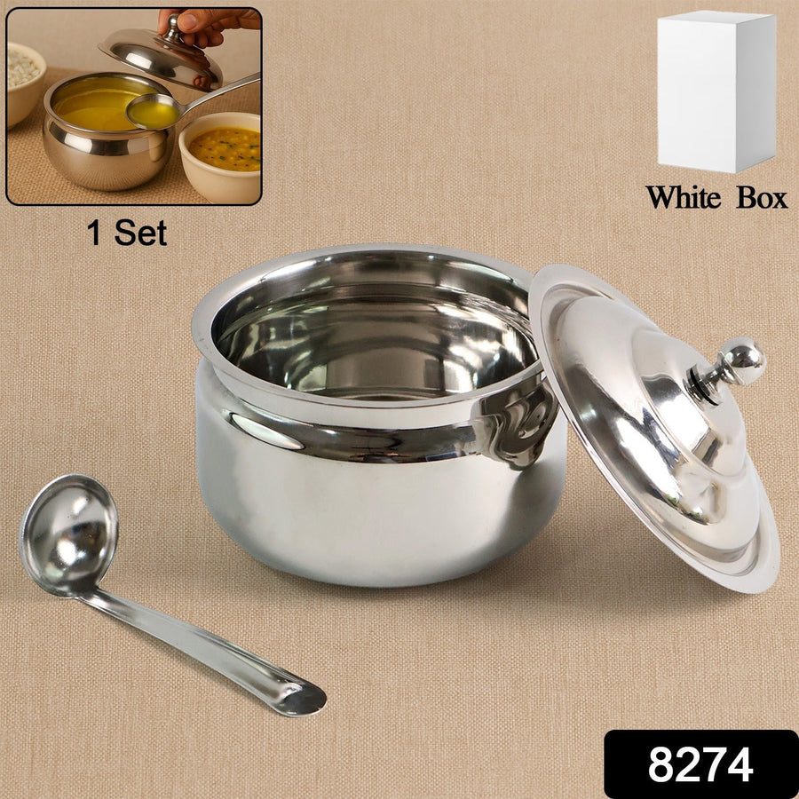 Stainless Steel Ghee Pot with Lid & Spoon – Mirror Finish
