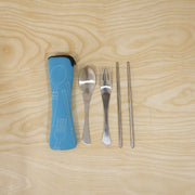 Portable steel utensil set with pouch for lunch and camping