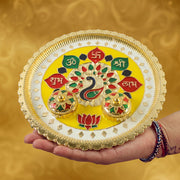 Big golden puja plate with bowls for temple and home worship
