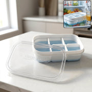 Mini plastic ice cube tray with six cavities and a clear lid for easy freezing.
