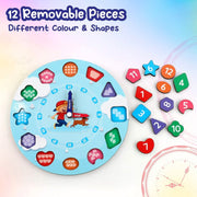 Wooden clock toy interior view focusing on educational number blocks