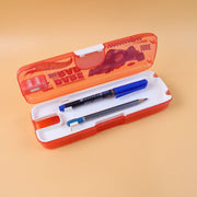 Open cartoon pencil box with the integrated LED light brightly illuminated.