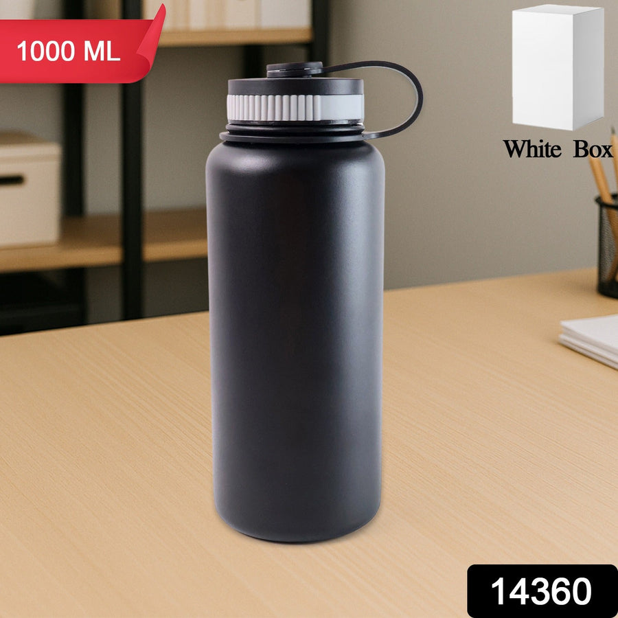 Black Vacuum-Insulated Stainless Steel Water Bottle – 1000ml Durable & Leakproof