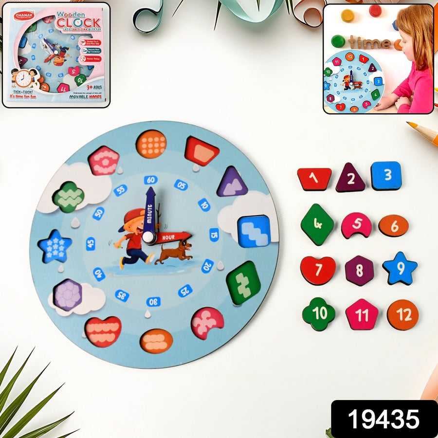 Wooden Educational Learning Clock Toy – Movable Hands & Shape Blocks