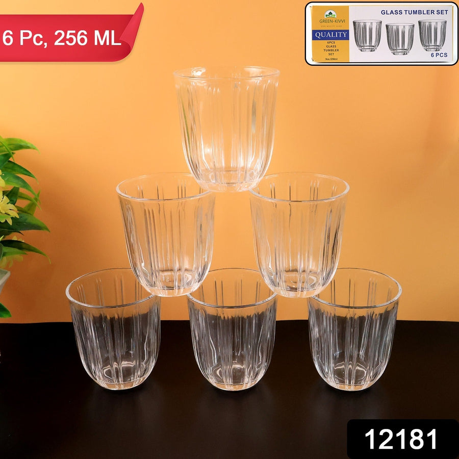 Glass Tumbler Set – Elegant Ribbed Design, 256 ml, 6 Pcs