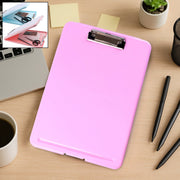 A4 clipboard with hard plastic body and storage compartment suitable for school and office use