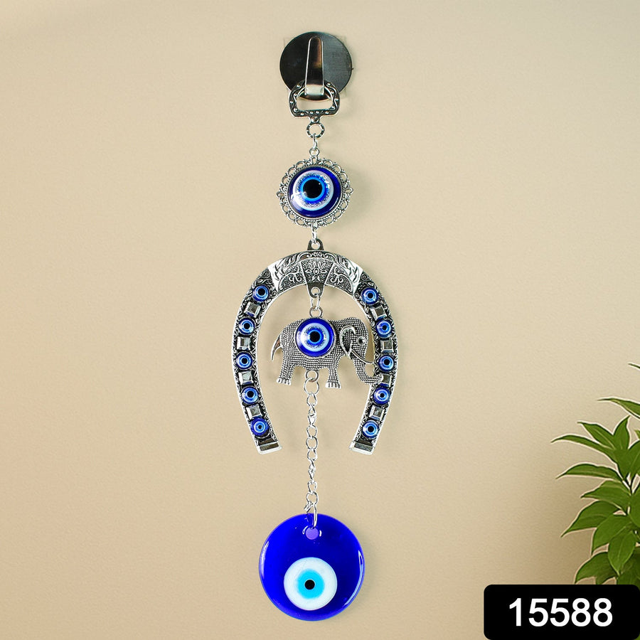 Evil Eye Hanging with Elephant & Horseshoe – Protective Wind Chime