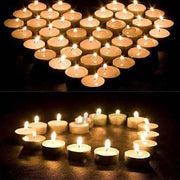 Arrangement of white LED tealight candles, ideal for festive lighting and events.